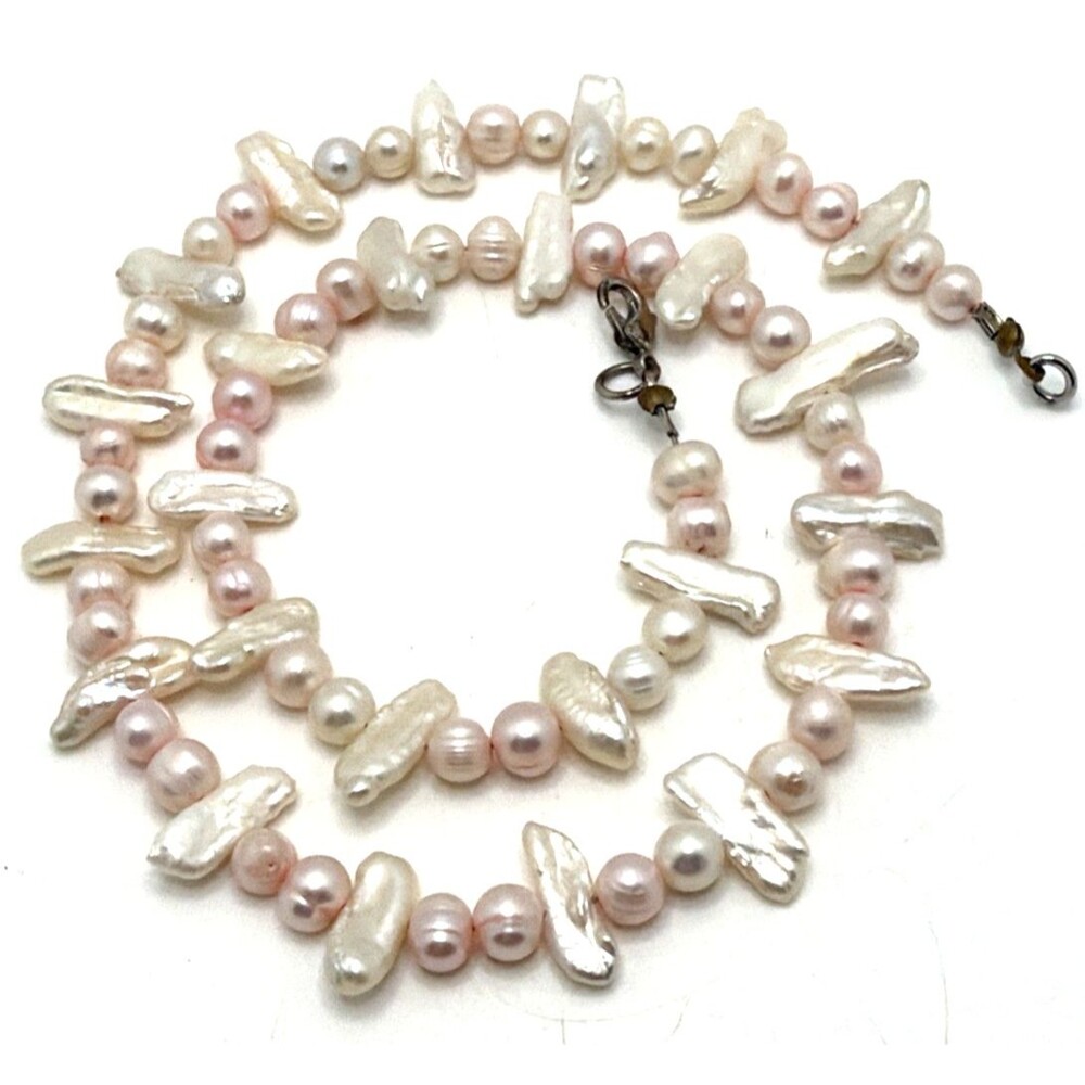 Pink Ringed & Long Biwa Genuine Pearl Necklace Boho Statement 20''